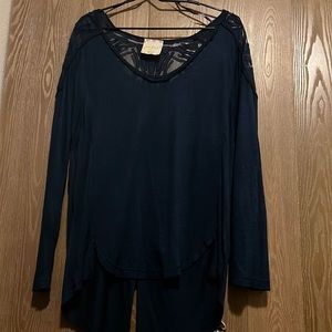 Free People Navy Mesh Back/Shoulder Detail Long Sleeve Top Size L